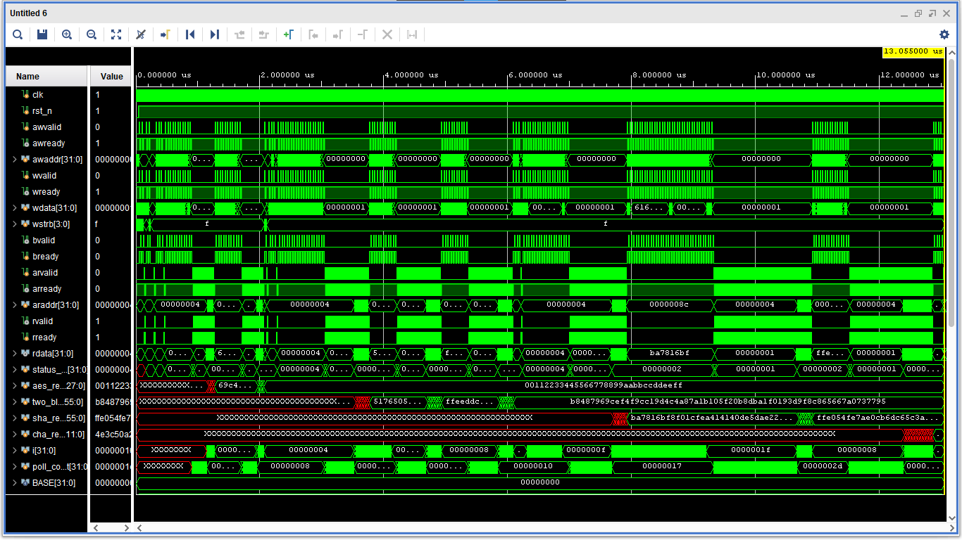 AXI4-Lite waveform showing crypto peripheral transactions